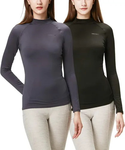 Vista 19 de DEVOPS Paquete de 2 camisetas térmicas de cuello alto de manga larga de compresión para mujer capa base negro / negro