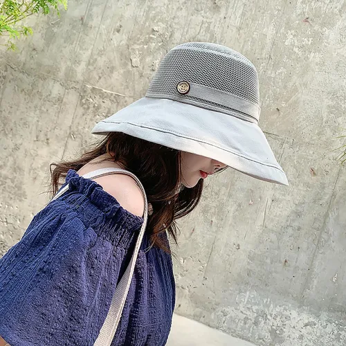 Vista 5 de Sombreros de malla de verano para mujeres con protección UV de ala ancha plegables para playa tipo bucket Gris