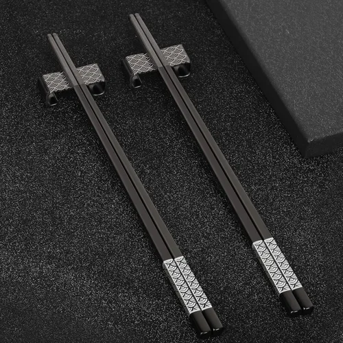 Vista 5 de Palillos de Metal Reutilizables 2 Pares de Palillos de Acero Inoxidable 18/8 Chapados en Titanio con Soporte, Aptos para Lavavajillas, Ligeros, Negro