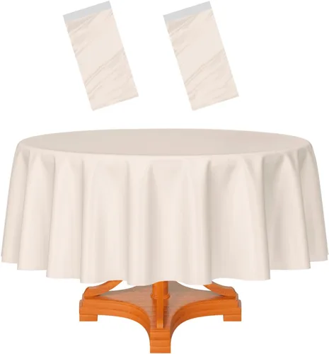 Vista 28 de HEIPINIUYE - Paquete de 2 manteles redondos de 84 pulgadas de plástico beige, manteles de mesa impermeables desechables para redondas, ideales