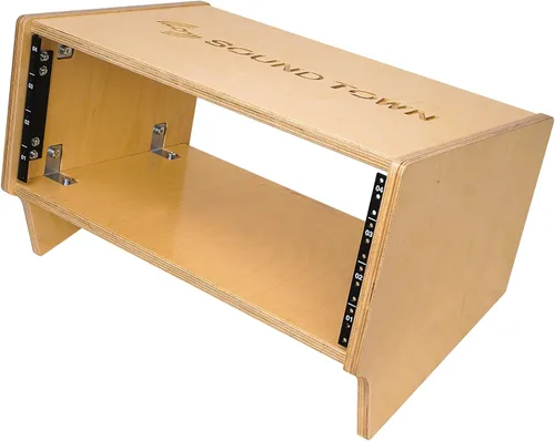 Vista 3 de Sound Town Estante de estudio de torreta de escritorio en ángulo de 4U con madera contrachapada maciza de abedul báltico, roble dorado, requiere