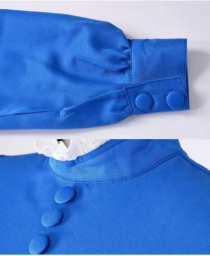 Vista 5 de miccostumes Disfraz de sirvienta para mujer, vestido de manga larga cerúleo con delantal blanco