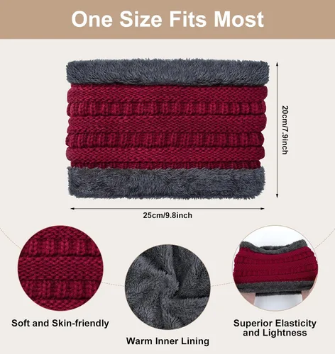 Vista 4 de YSense Conjunto de gorro de invierno para mujer, bufanda y guante, cálido forro polar con pompones, calentador de cuello y guantes para pantalla