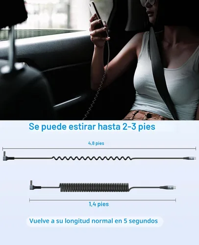 Vista 9 de Cable USB A a USB C de 90 grados, paquete de 2 cables USB tipo C en espiral de 3 pies para automóvil, cable de carga rápida USB-C compatible