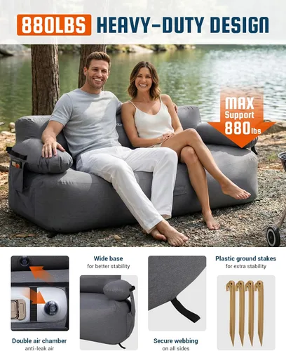 Vista 6 de KingCamp Sofá inflable doble para acampar con bomba eléctrica integrada, sofá de dos plazas de aire resistente de 880 libras, tela catiónica 600D