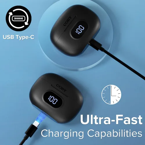 Vista 4 de Coby Auriculares inalámbricos con estuche de carga de lectura de batería LCD, mini auriculares intrauditivos Bluetooth con micrófono integrado, Negro