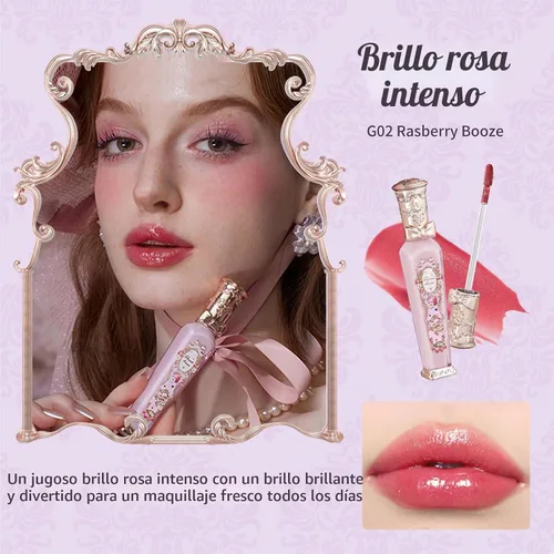 Vista 3 de Flower Knows Violet Strawberry Rococo Glowy Lip Gloss, Hot Pink Shimmer G02 Bebida de frambuesa
