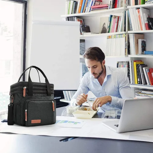 Vista 8 de MOV COMPRA Bolsas de almuerzo para hombres y mujeres, lonchera negra para adultos, para el trabajo, ampliable, a prueba de fugas, doble cubierta