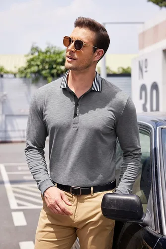 Vista 3 de COOFANDY Polo de manga larga para hombre, cuello a rayas, casual, ajustado, de algodón