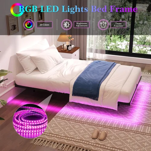 Vista 3 de Awesofurni Base de Cama Flotante de Tamaño Individual, Base de Cama Individual con Luces LED Inteligentes, Base de Cama Moderna de Metal Resistente