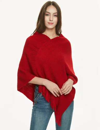 Vista 3 de Ferand Poncho de punto suave, elegante con flecos, estilo de cuello multicolor