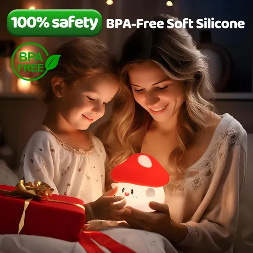 Vista 6 de Luz nocturna de hongos, lámpara de silicona blanda para niños, control de grifo, 2 niveles de brillo, batería de 50 horas, temporizador automático