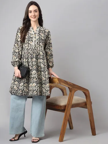 Vista 3 de Janasya Túnica acampanada con estampado floral de algodón negro para mujer india
