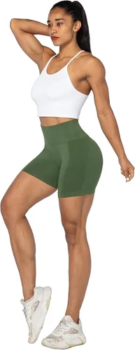 Vista 4 de Sunzel Pantalones cortos sin costuras para mujer, pantalones cortos de entrenamiento de 5 pulgadas, cintura alta, elásticos, para gimnasio, yoga