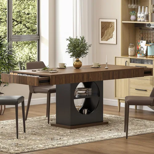 Vista 8 de Mesa de comedor para 4-6 personas, mesa de comedor de 55 pulgadas con cajones y almacenamiento abierto, base de pedestal de madera, mesa rectangular