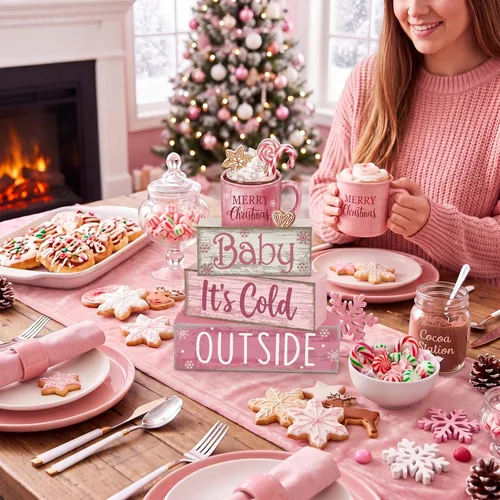 Vista 7 de Moucuny 4 piezas de decoración de mesa de Navidad rosa de chocolate caliente de cacao escalonado, decoración de bandeja escalonada, letrero