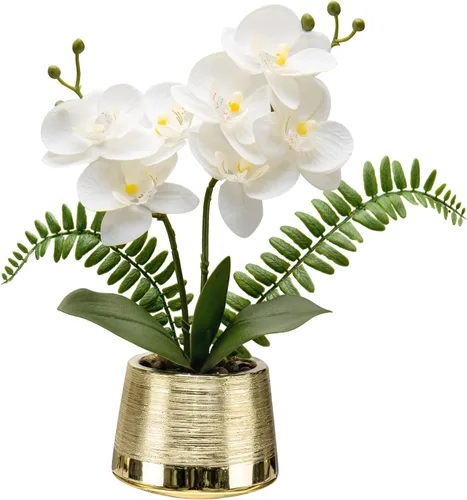 Vista 7 de Orquídeas blancas artificiales en maceta dorada, orquídea Phalaenopsis falsa, orquídea Bonsia sintética, centro de mesa para mesa de comedor