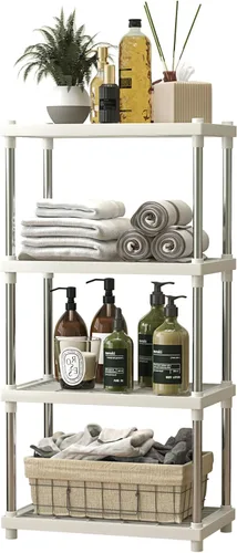 Vista 8 de Estantes de plástico y metal gris de 4 niveles, estantes de almacenamiento duraderos, estantes abiertos para despensa, cocina, baño, tubos de acero