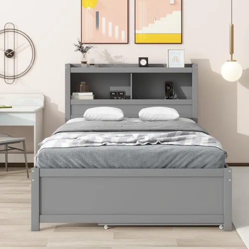 Vista 2 de Polibi Cama de plataforma de tamaño matrimonial con nido individual, marco de cama de madera de pino con almacenamiento, estantería, cajones y Gris