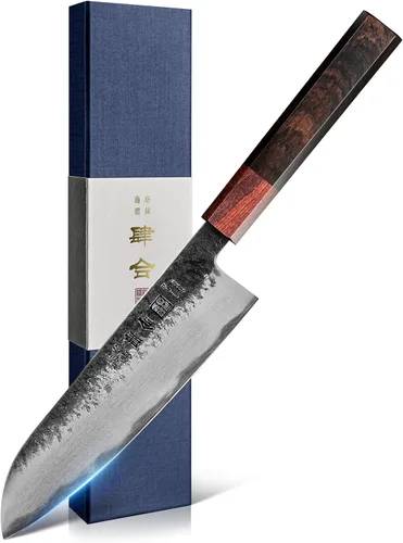 Vista 10 de kanngou Cuchillo Nakiri de chef japonés de 7 pulgadas, cuchillo de chef japonés AUS-8 de acero aleado vegetal con sándalo rojo y mango de madera