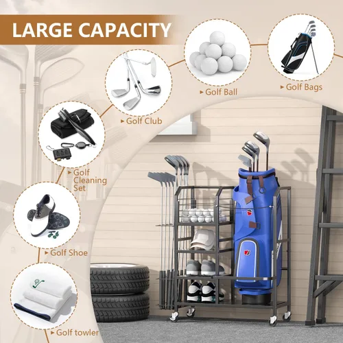 Vista 5 de Golf Bag Storage Organizer for Garage, Single Golf Bag Garage Organizer with Golf Club Rack, Shoe Shelves & Ball Storage, Rolling Golf Storage Rack