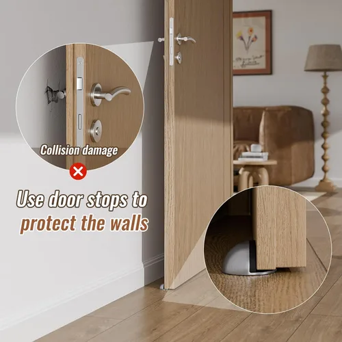 Vista 4 de Tope de puerta de suelo de media cúpula de acero inoxidable autoadhesivo con perforación sin goma, topes de puerta de suelo para dormitorio, sala