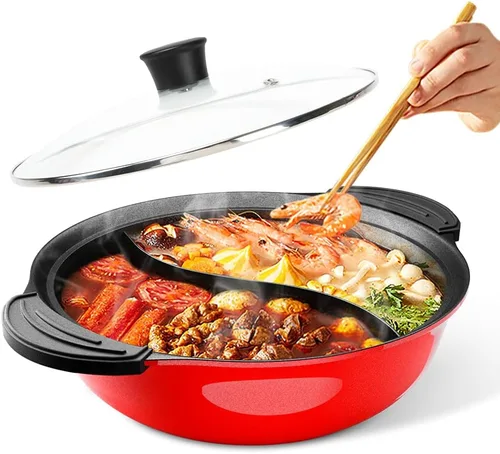 Vista 9 de Olla caliente con divisor para cocina de inducción de doble cara, olla de sopa de dos sabores china Shabu Shabu para fiesta en casa, reunión