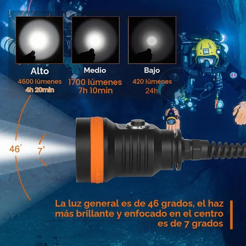 Vista 4 de ORCATORCH D630 V2.0 4600 lúmenes - Luz de buceo con recipiente primario 7° Narrow Beam, 5 CREE LEDs, Adjustable Cable Angle (90°–180°), Side Mount