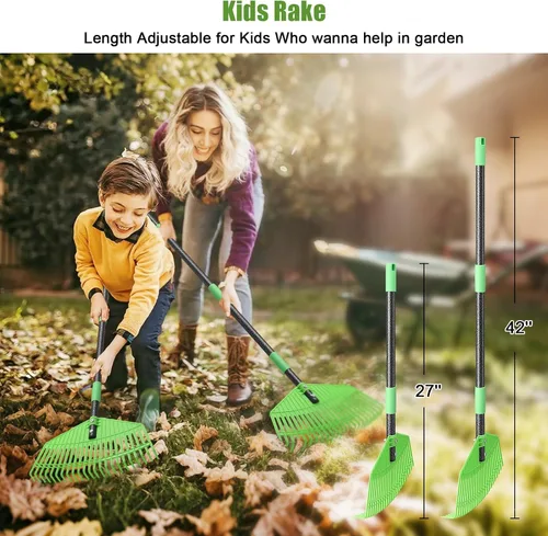 Vista 6 de Rastrillo de hojas de plástico ligero para césped, rastrillo de jardín de 16.5 pulgadas de ancho para hojas, suave con el césped, ajustable de 50