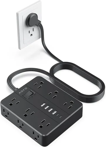 Vista 13 de Regleta de Enchufe Plano, AOFO Cable de Extensión de 5 Pies con 12 Tomacorrientes y 6 Puertos USB (4 USB-A, 2 USB-C), Protector contra
