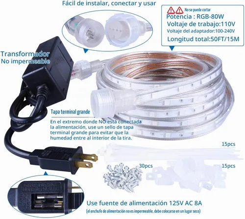 Vista 2 de Tira de luces LED de 50 pies (15 m), kit de iluminación regulable, flexible, de 450 LED RGB, 110 V, impermeable, con conectores macho y hembra