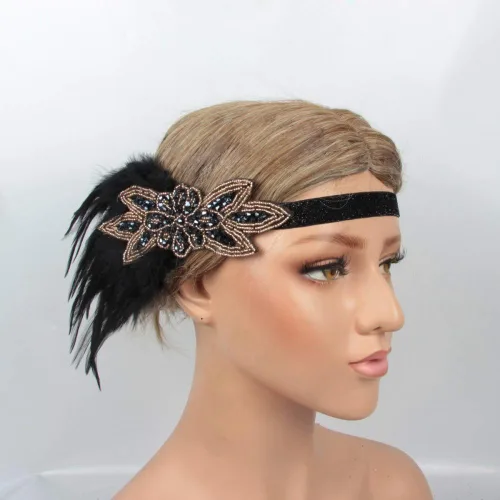 Vista 4 de Diadema vintage de los años 20 con diseño de flapper Great Gatsby 20 Showgirl con plumas rugidas de cristal negro y bronce