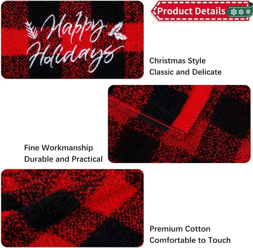 Vista 3 de MCEAST Paquete de 3 toallas de mano de Navidad, 18 x 14 pulgadas, color rojo y negro, a cuadros, suaves, toallas de algodón puro para baño, cocina