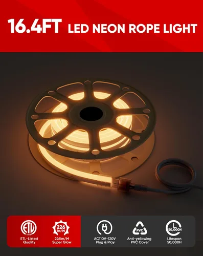 Vista 4 de Productos del paquete de clip de montaje con 2500K Warm 16.4ft LED Neon Rope Lights Kit