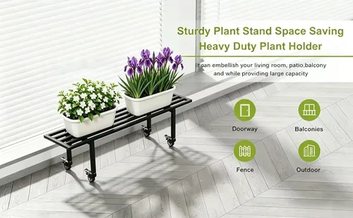 Vista 5 de Zhongma Soporte de metal para plantas de un nivel con ruedas, (35.43 pulgadas de largo x 8.66 pulgadas de ancho x 10.3 pulgadas de alto) soporte