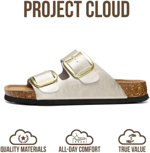Vista 3 de Project Cloud - Sandalias planas de cuero genuino para mujer, cómodas sandalias esenciales de playa para mujer, de espuma viscoelástica, calzado