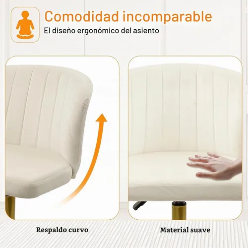 Vista 6 de CLATINA Silla de escritorio de terciopelo para el hogar con ruedas de base dorada, altura ajustable, tapizada, cómoda, ergonómica, sin brazos