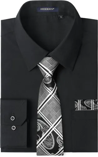 Vista 80 de HISDERN Mens Dress Shirt with Tie Pocket Square Set Classic Button Down Shirt Matching Tie Long Sleeve Shirts 08-verde