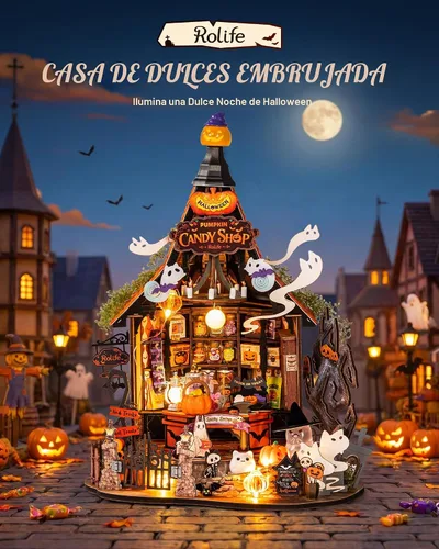 Vista 2 de Rolife Kit de casa de dulces embrujada de Halloween DIY con 9 luces LED, kits de construcción de modelos de casa pequeña para principiantes