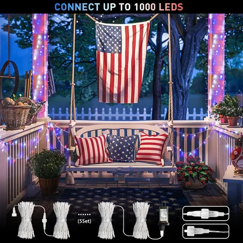 Vista 4 de JMEXSUSS Luces rojas blancas y azules con cable transparente, 66 pies, 200 luces LED para decoración del 4 de julio, luz de Navidad para celebración