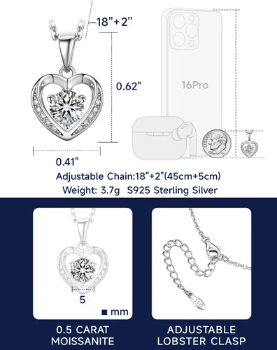Vista 77 de MomentWish Collar de corazón para mujer, moissanita, diamante de imitación, plata de ley 925