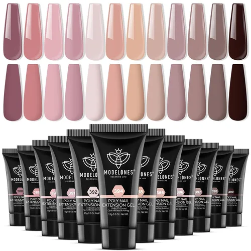 Vista 12 de Modelones - Juego de gel de extensión de uñas de polietileno, kit de gel de 12 colores con tonos rosa brillante y desnudo, para manicura francesa