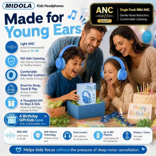 Vista 5 de MIDOLA Auriculares para Niños con Cancelación Activa de Ruido Bluetooth 5.4 Inalámbricos con Volumen Limitado 85/94dB, Carga Rápida Tipo C, Sobre