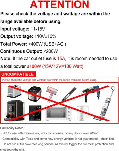 Vista 9 de 400 W Inversor de corriente para automóvil - Adaptador de enchufe de toma doble CC 12 V a 110 V CA, puerto USB C de carga rápida 65 W y 24 W