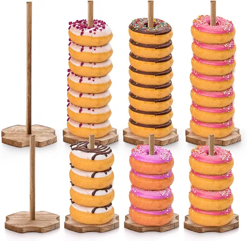 Vista 9 de Cididu Soporte de madera para donas, 8 piezas, soporte para mesa de postre, torre de exhibición de palitos de dona rústicos desmontables para bodas