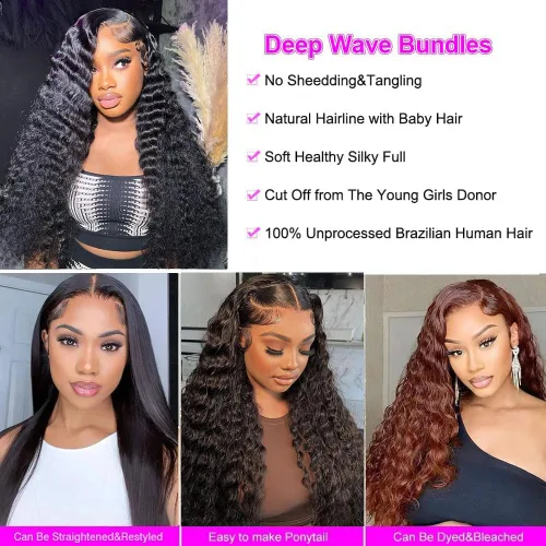 Vista 4 de Paquetes de Ondas Profundas 100% Cabello Virgen Brasileño Remy Sin Procesar Rizado Profundo 3 Paquetes Extensiones de Cabello para Mujeres Negras