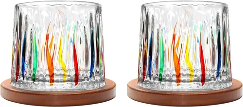 Vista 14 de Vaso de vidrio antiguo giratorio, 275ml/10oz Juego de vasos de whisky de cristal de 2 piezas, posavasos de madera, engrosamiento, utilizado como