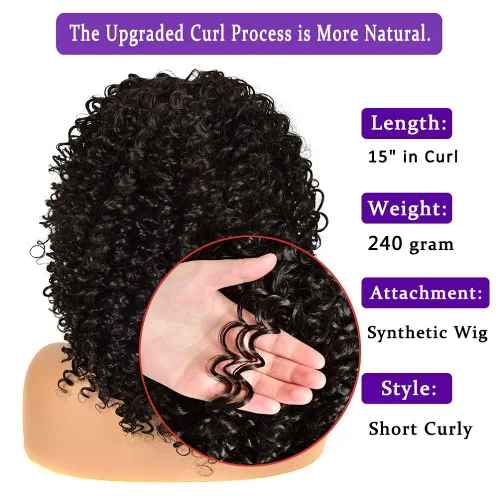 Vista 5 de YEAME Pelucas rizadas para mujeres negras, peluca rizada afro con flequillo, negro natural, resistente al calor, peluca completa de 15 pulgadas #1B