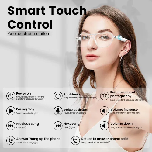 Vista 7 de Gafas inteligentes para mujeres y hombres, protección UV contra la luz azul, lentes inteligentes de control de voz con micrófono y altavoces