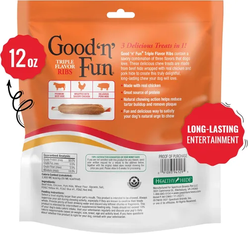 Vista 7 de Good 'n' Fun Masticables de Costillas de Triple Sabor para Todos los Perros, 12 Onzas, Consiente a tu Perro con Masticables de Larga Duración Hechos
